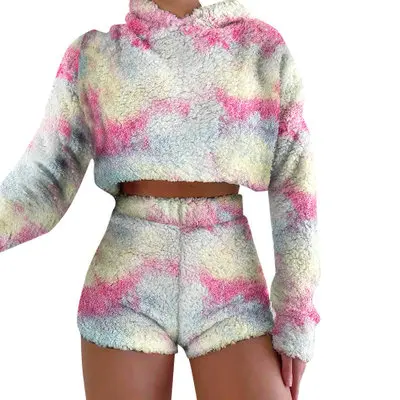 

factory hooded pullover tie dye fur two piece set flannel shorts set women