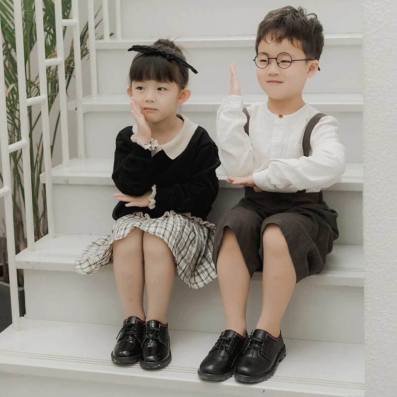 
2020 kids office dress real leather black school children leather shoes with shoelace 