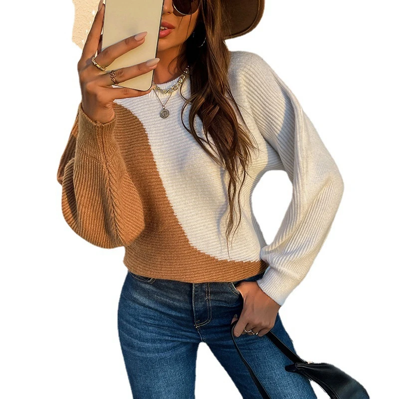 

Autumn solid round collar long sleeve custom crew neck contrast color knitted sleeve women Loose size sweater