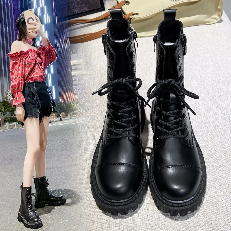 

New arrival Women Black Microfiber Leather Mid-Calf Ankle Boots With Platform Heel Side Zipper