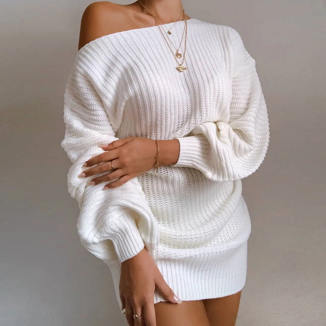 

Wholesale new trend women's winter sweaters ladies off shoulder puff sleeve sweater dresses, Photo shows