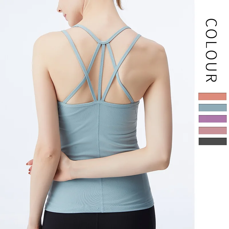 

2021 Yoga Women Vest Top Padded Nylon Solid Cross Straps Sport Underwear Running Gym Fitness Workout Tank Sleeveless Shirts