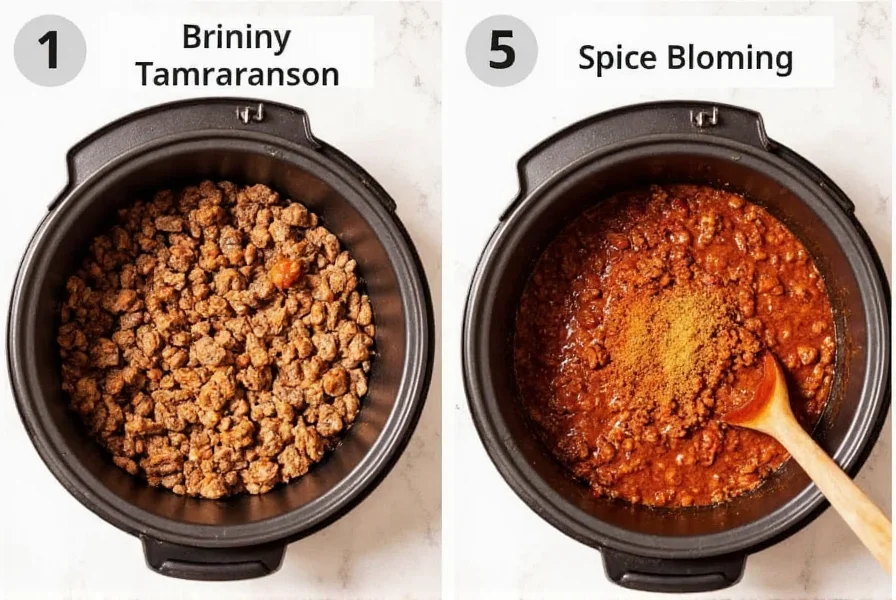 Step-by-step preparation of best chili recipe showing meat browning and spice blooming process