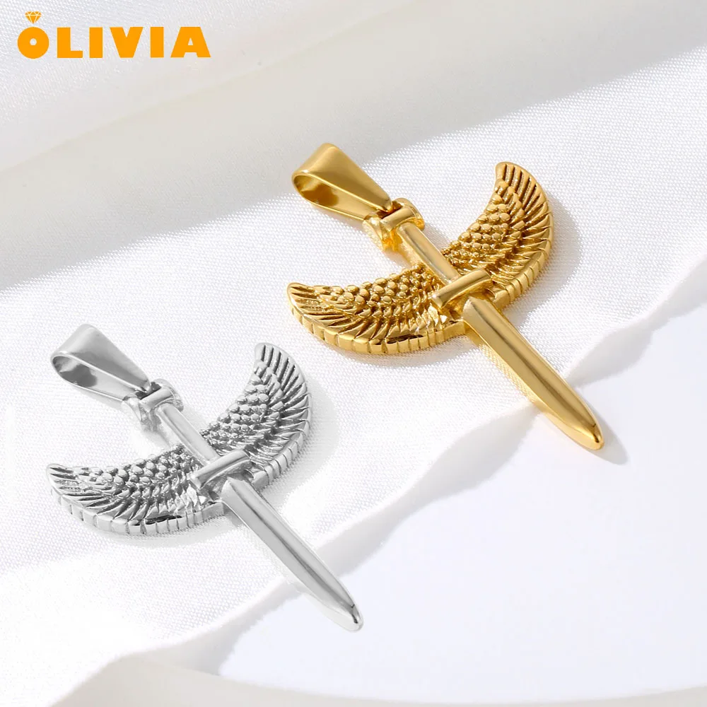 

316L Stainless Steel Crafted Warrior Instincts Men's Pendant Necklace Wing Cross Sword Pendant 18k Gold Angel Wing Jewelry