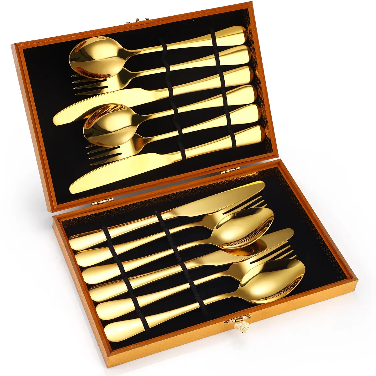 

Wholesale Custom Dinner Knife Spoon Fork Gift Luxury Flatware Wedding Gold Stainless Steel Cutlery Set With Wooden Box, Silver, gold, rose gold, colorful, black, customizable