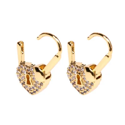 

2021 New Arrival Double Sided Full CZ Diamond Lock Shape Earrings Gold Plated Zirconia Padlock Heart Huggie Earrings For Women