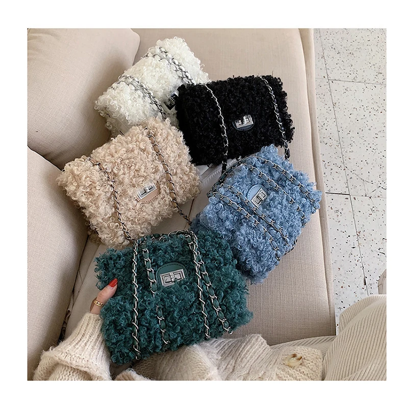 

2021 Fall Winter Fluffy Luxury Designer Handbag Woman Leather Plush Faux Fur Shoulder Bag Crossbody Lambswool Lock Evening Purse