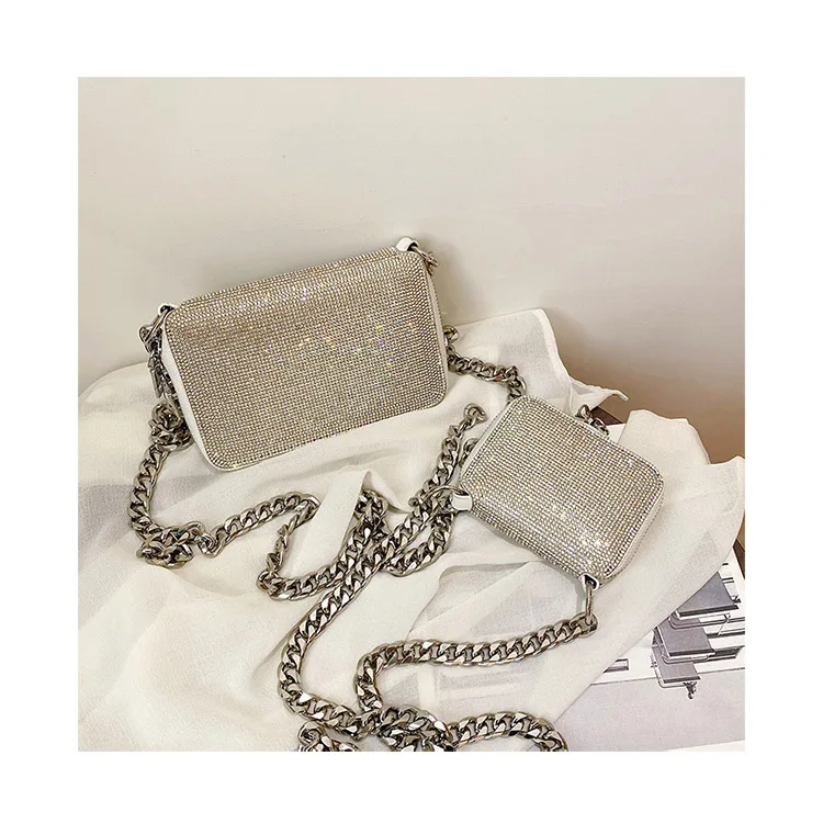 

Mini Thick Chain Crossbody Bags Women Luxury Shining Small Square Bag Fashion Rhinestone Coin Purses Dinner Party Clutch Handbag