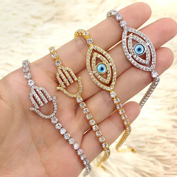 

Luxury 18k gold plated ice out zircon tennis chain hamsa evil eye charm bracelet for women girls, Gold/silver