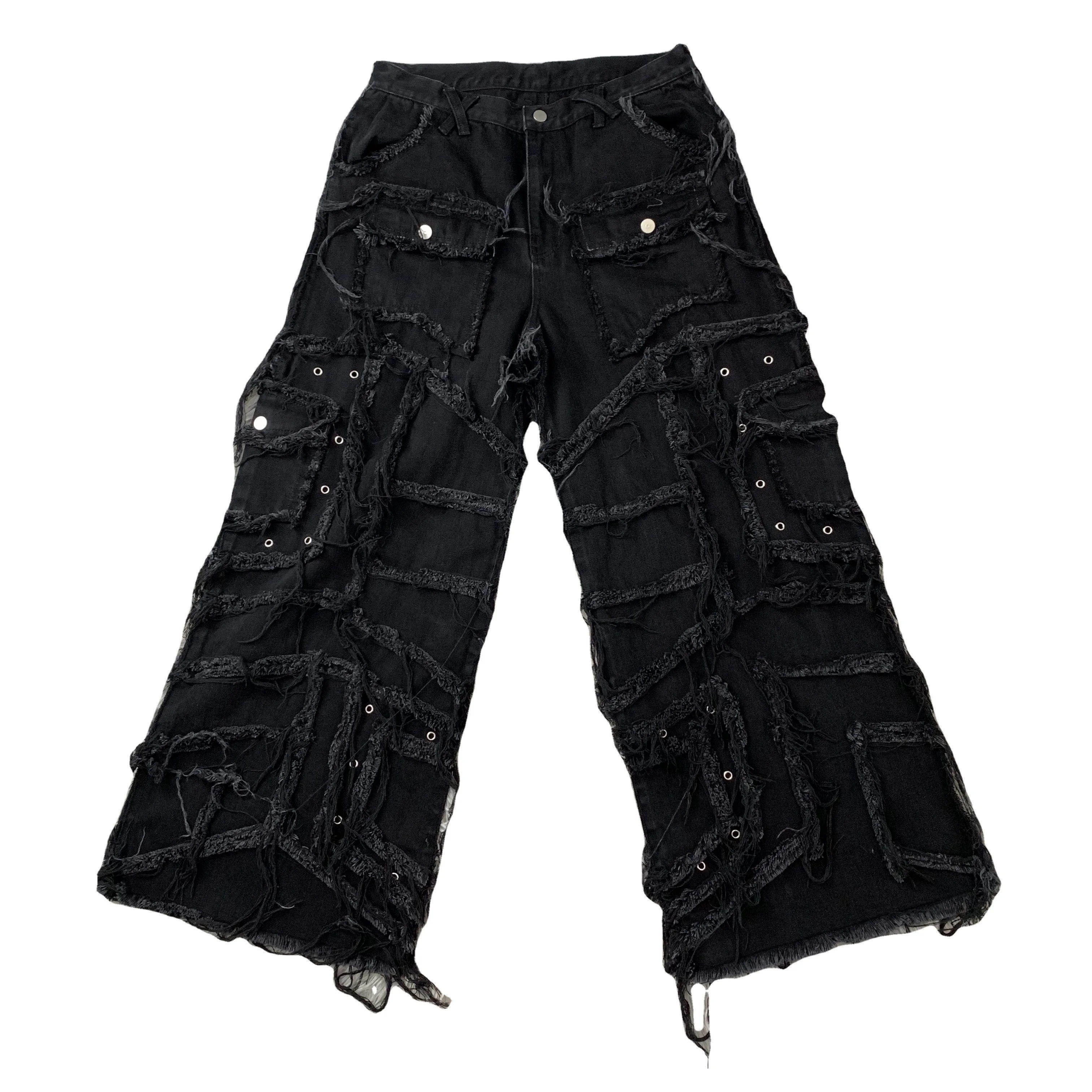 DENIMGUYS Y2k Make Old Patchwork Denim Fringe Pants Men Street Hip Hop Style Baggy Ripped Jeans