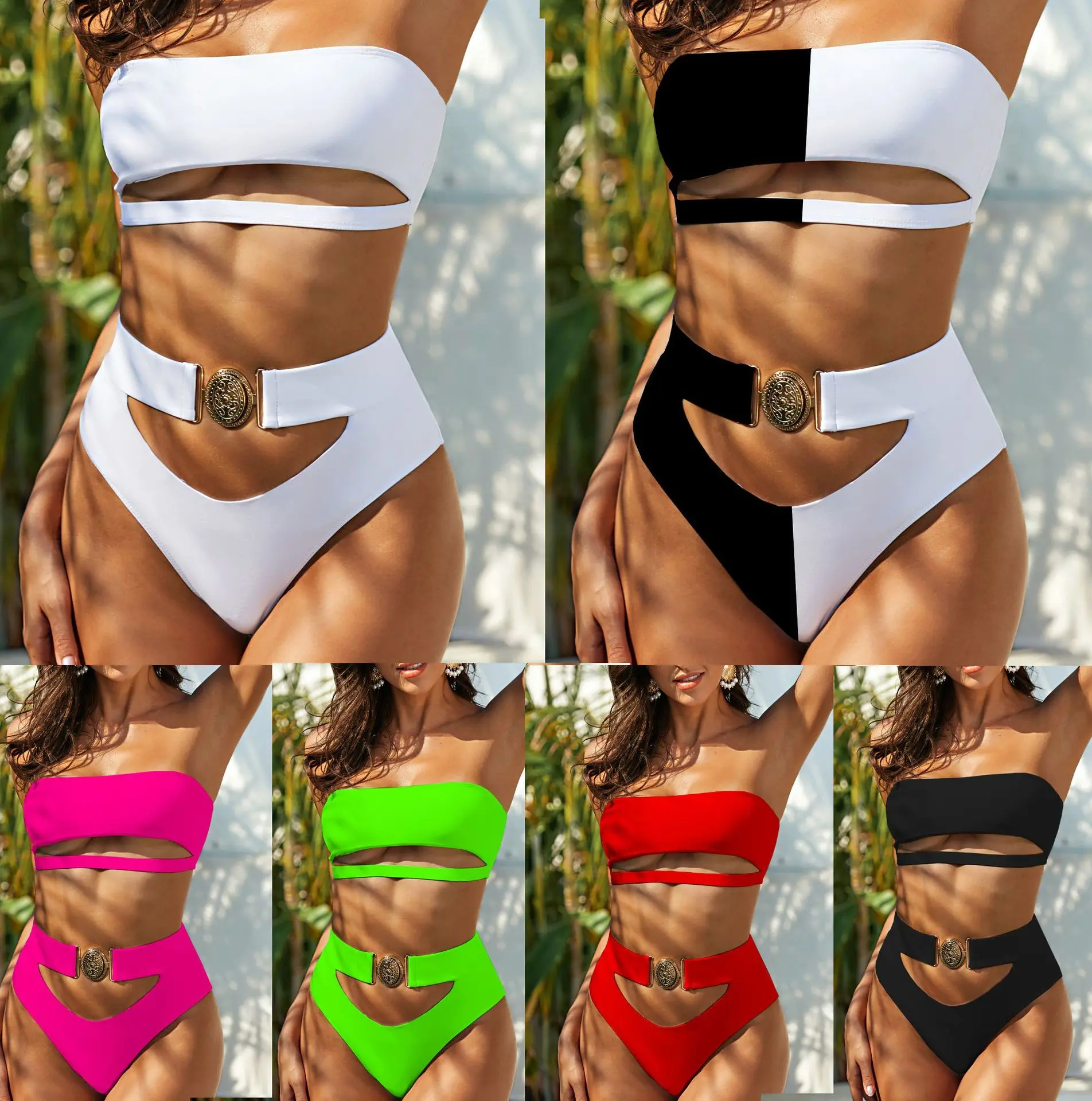 

Hotsale Nice Buckle High Waist Bikinis Women Tube Top Black Two Piece Swimwear Sexy Women Bathing Suits 2021