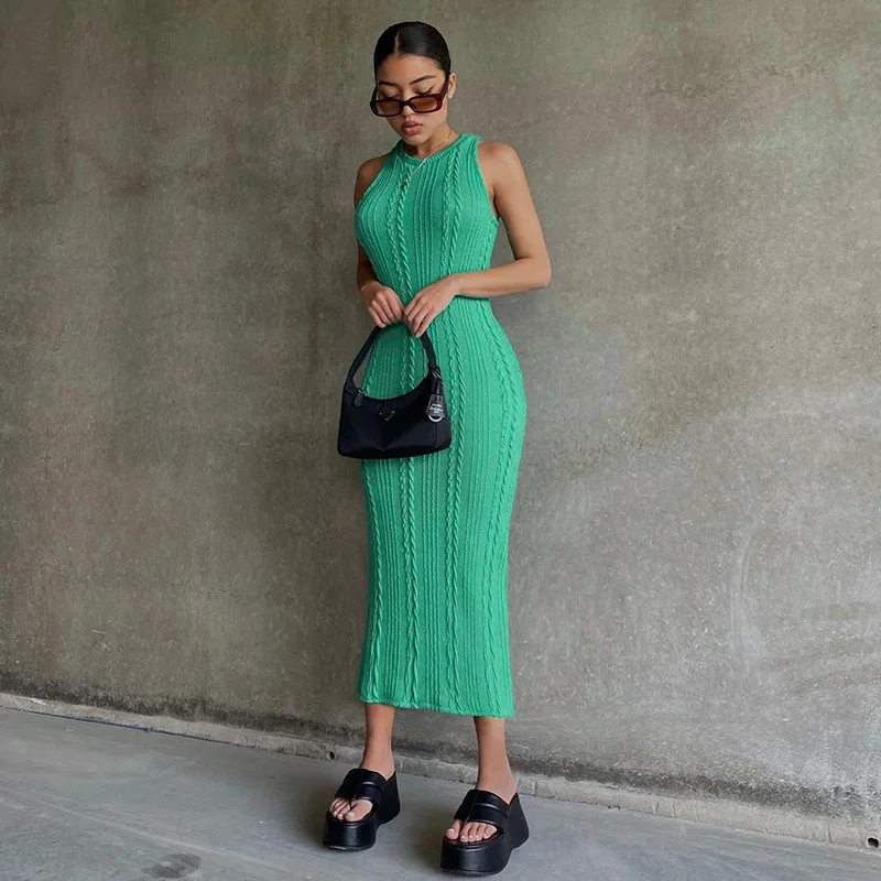 

2021 New Arrivals knitting Random solid colour Maxi Dress Sleeveless Casual Dresses Women