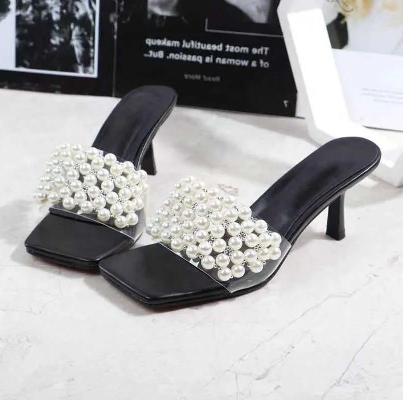

Beauty Sweet Women Summer Sandals PVC Surface With Beads Decorate Open Square Toe Thin Heels Pure Color Slippers Slides Shoes, Black white brown