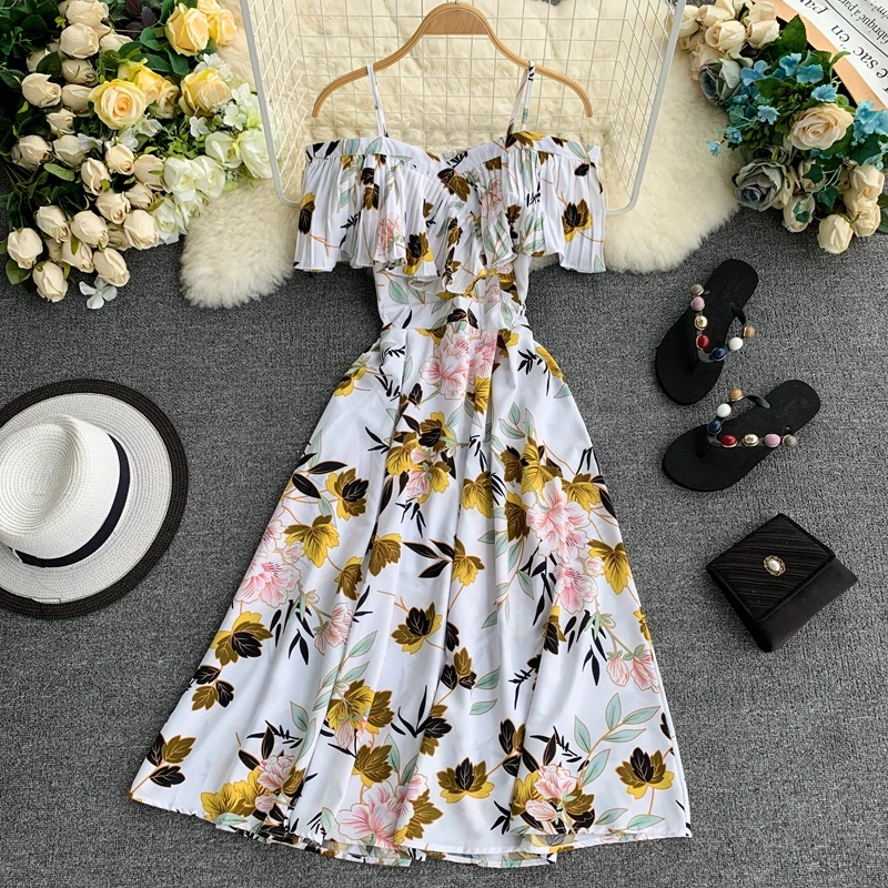 

Boho Ruffle Vintage Floral Print Summer Off Shoulder Midi Long Dress Party Women Casual Spaghetti Strap Beach Holiday Vestidos