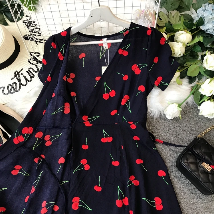 

Summer women one piece wrap skirt slim floral chiffon dress for sale