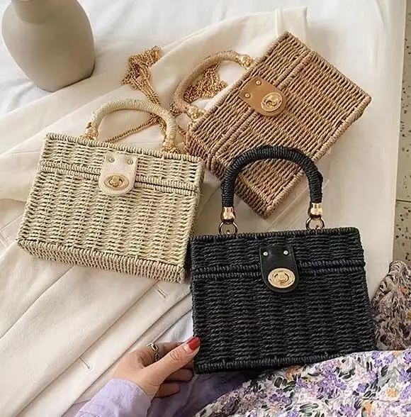 

2021 New Small Beach handbag cross-body straw women woven purses box bag for female