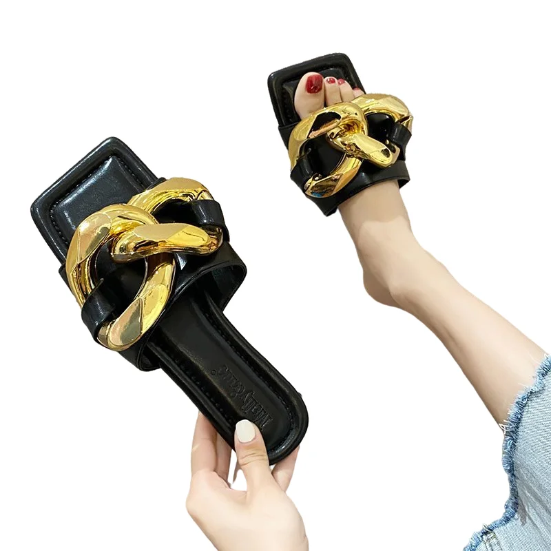 

New Design Casual Shoes Chain Flip Flops Leather Flat Women Sandals