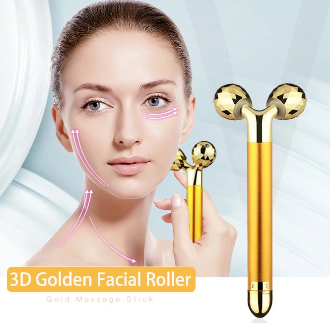

Massag devic v shape 24k golden pulse facial gold lift vibrating face massage 3d facial roller facial massager, Gold/black