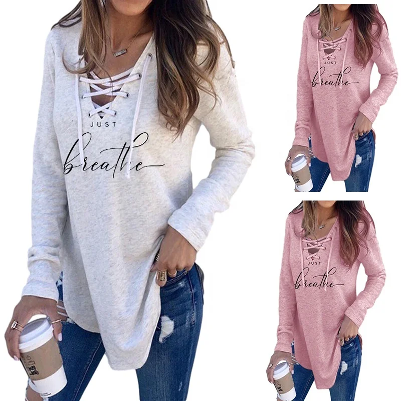 

2021 Spring Solid Color Long Sleeve Letter Printed Deep V-neck Lace Up Shirt Casual Outfit Sweatshirt Top Blouse for Women