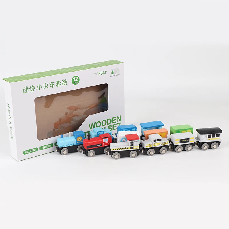

Wholesale wooden toy colorful 12 little colored trains toy set for children