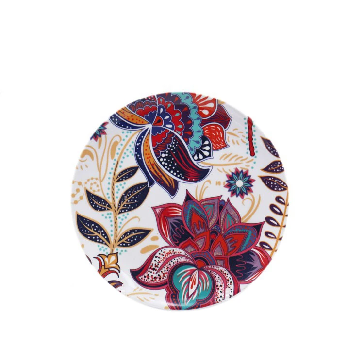 

2022 Wholesale Retro Ethnic Style Geometric Line Flower Creative Design Decoration Plastic Melamine Dinner Round Plate