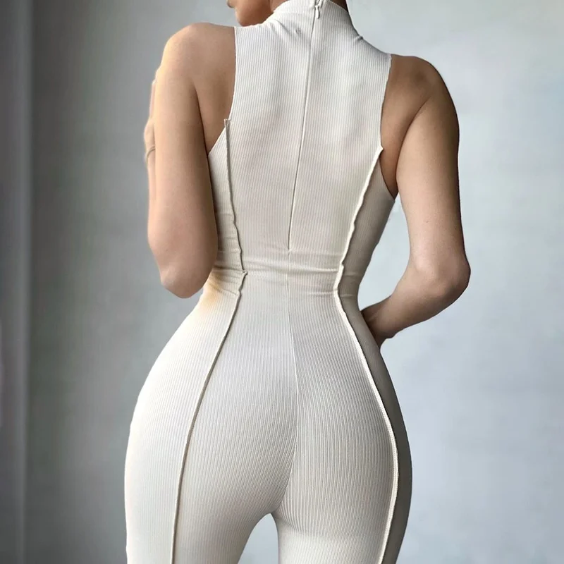 

2021 Women Outfits Tracksuit Bodycon Solid Street Wear Women Bodysuit Trendy Slim Sleeveless Casual Sleeveless Ladies Jumpsuit, Gray/black