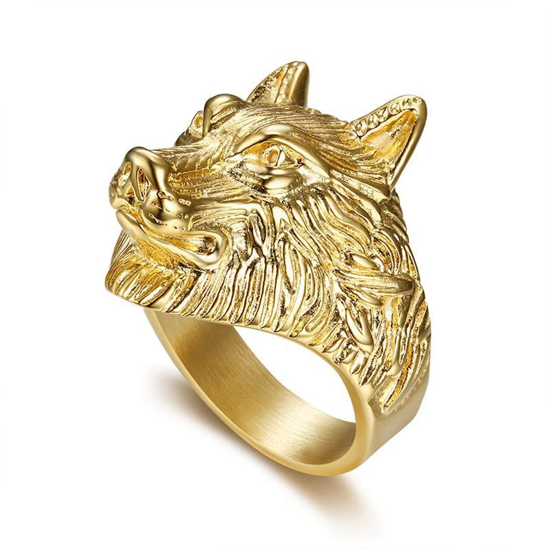 

YK Wholesale Men Gold Stainless Steel Wolf Head Rings Provide Custom Service