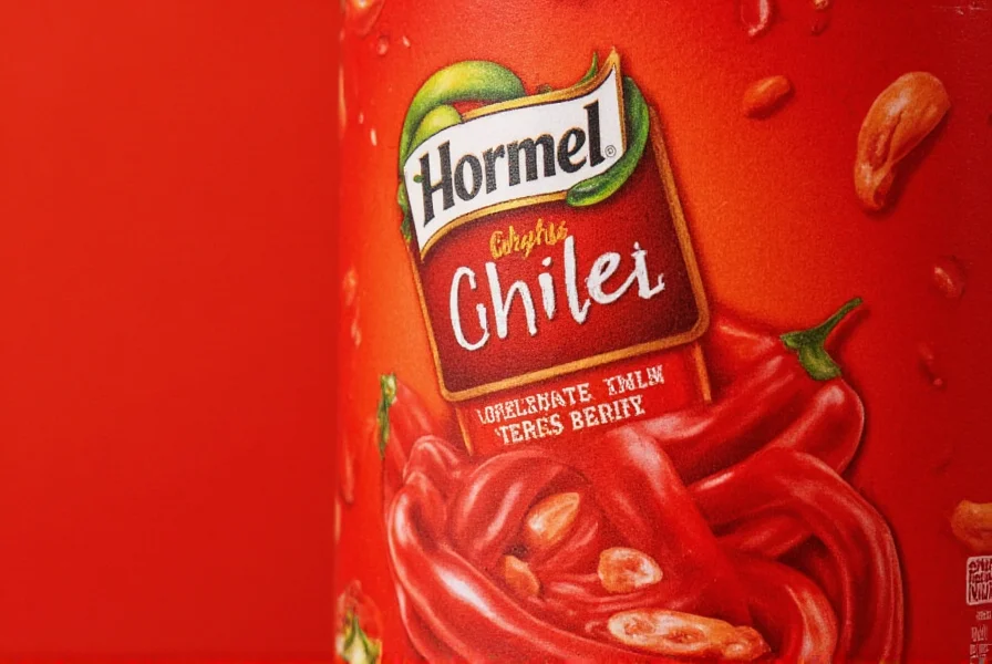 Close-up of Hormel chili can showing label details and product texture