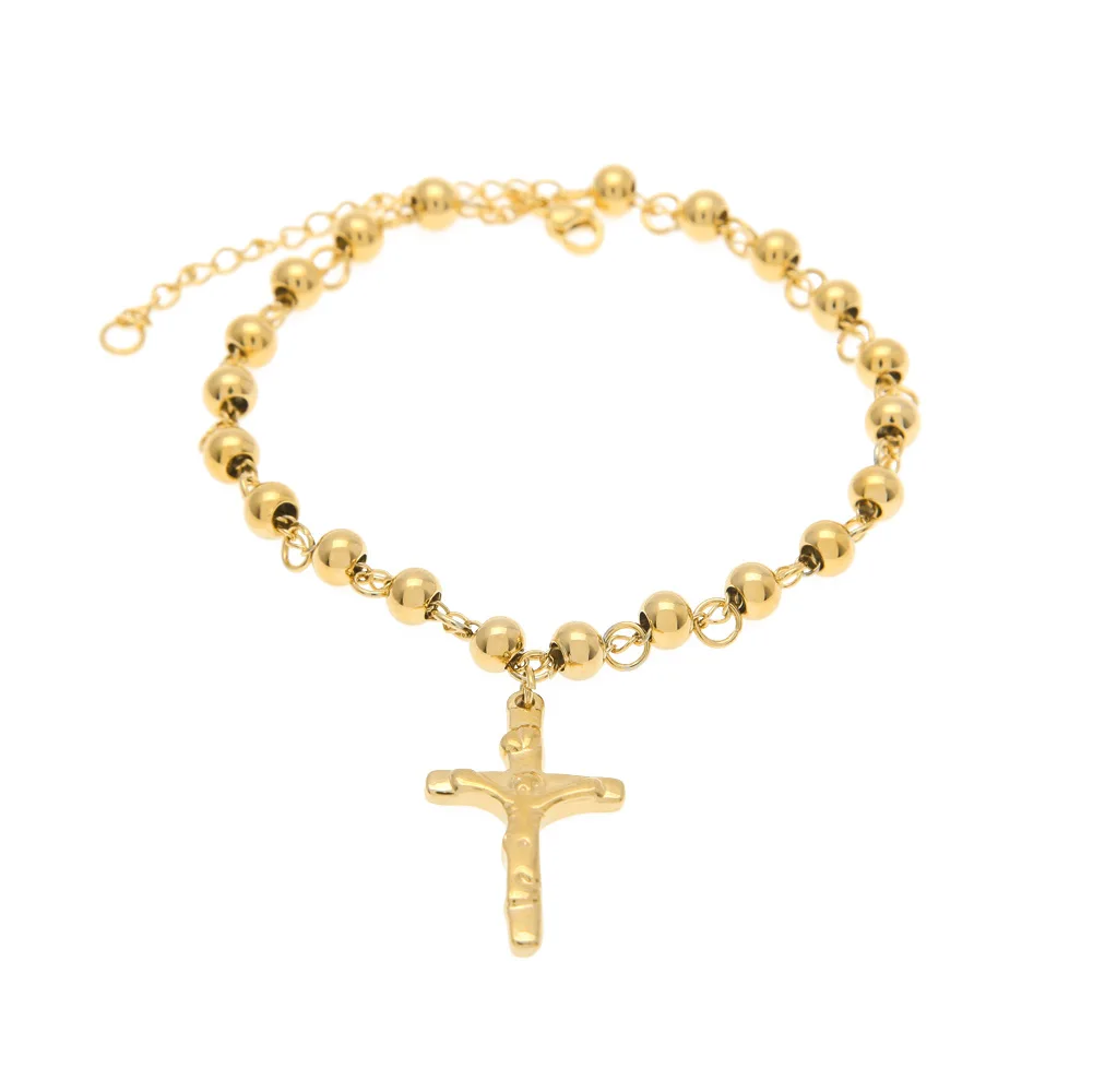 

Rosary bracelet stainless steel color cross Jesus beaded bracelet gold plated hip-hop bracelet