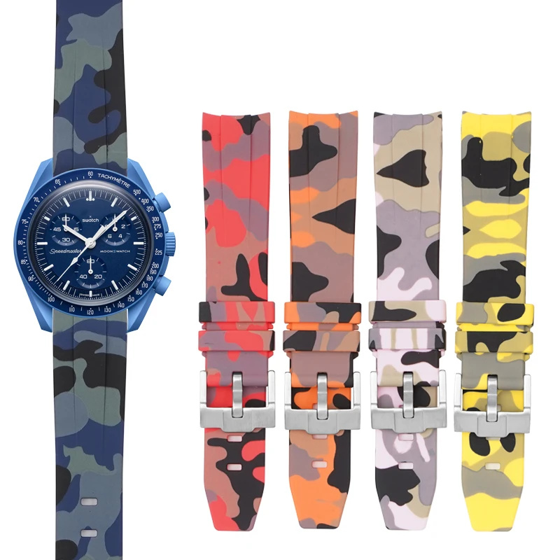 

In Stock Camo Printed 20mm Waterproof Silicone Rubber Curved End Dive Watch Band Strap For Moonswatch