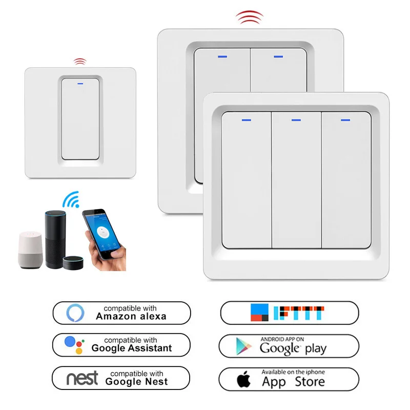 WiFi Smart Light Switch 86*86mm 1 2 3 Gang Way Wireless Smart Switch Works with Alexa and Google Assistant