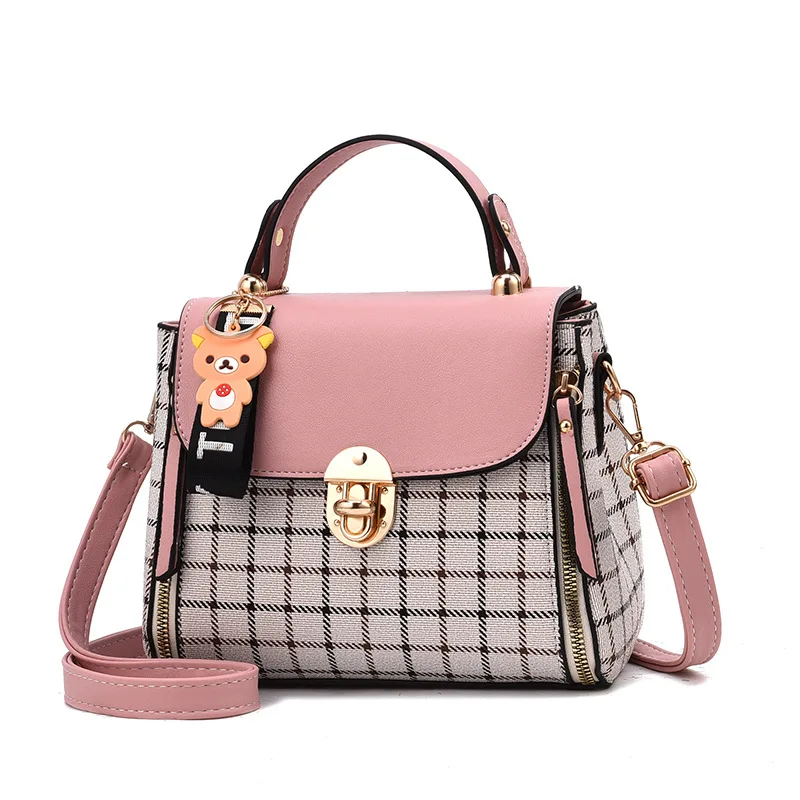 

New Large Capacity High Quality Plaid Leather Pure Color Cute Bear Pendant Women Shoulder Bag Handbag, Gray wine red pink green yellow black