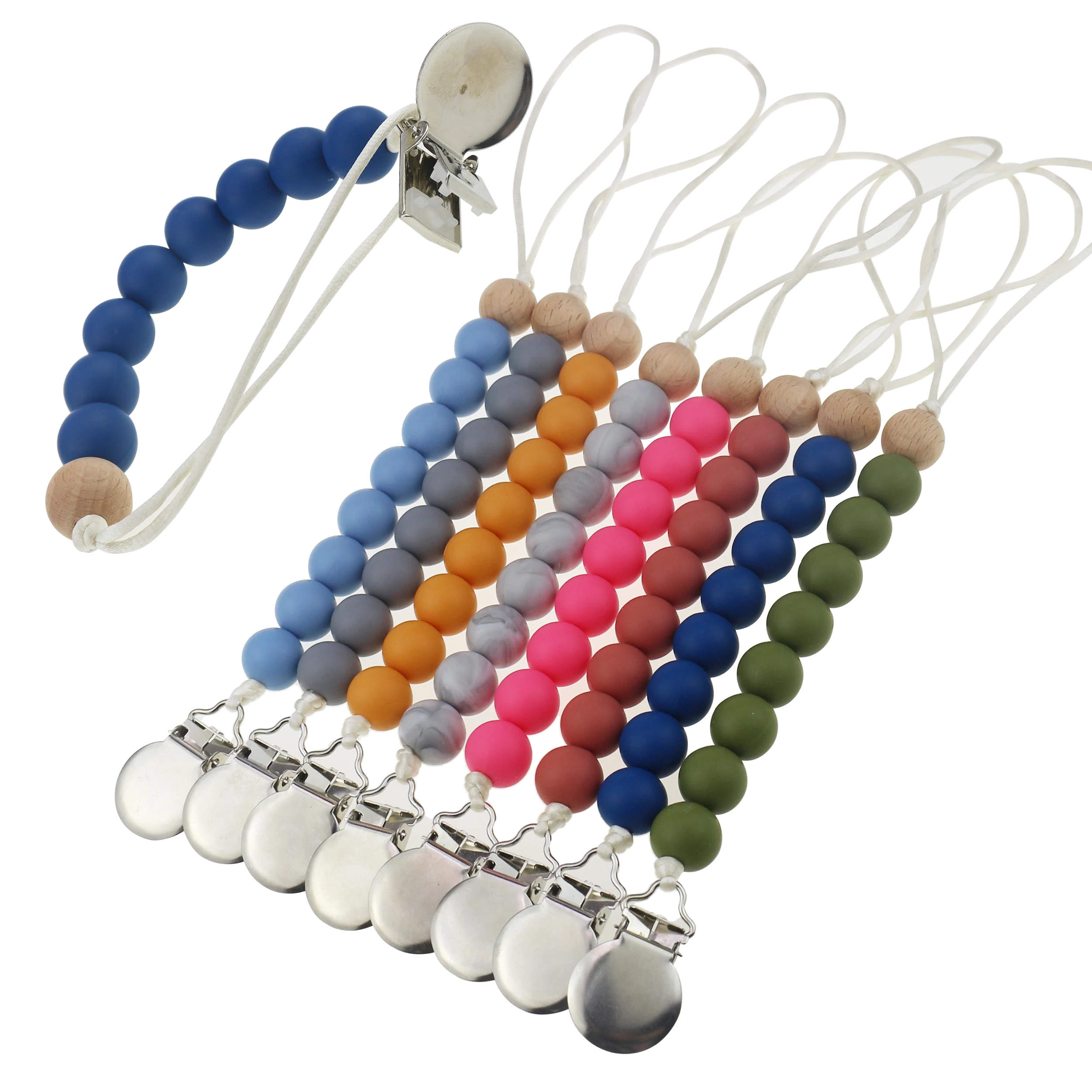 

wholesale custom baby teething dummy chain holder silicone wooden pacifier clip, 30 colors for selection