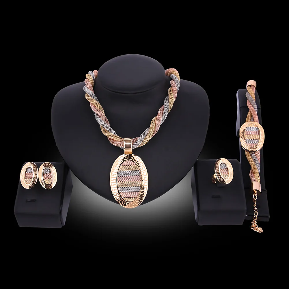 

I YOU WIN Jewelry New Personality 3-Color Twist Rope Jewelry Set Metal Disc Pendant African Beaded Jewelry Set