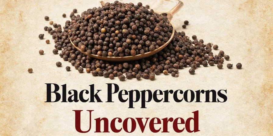 Assorted black peppercorns on wooden table
