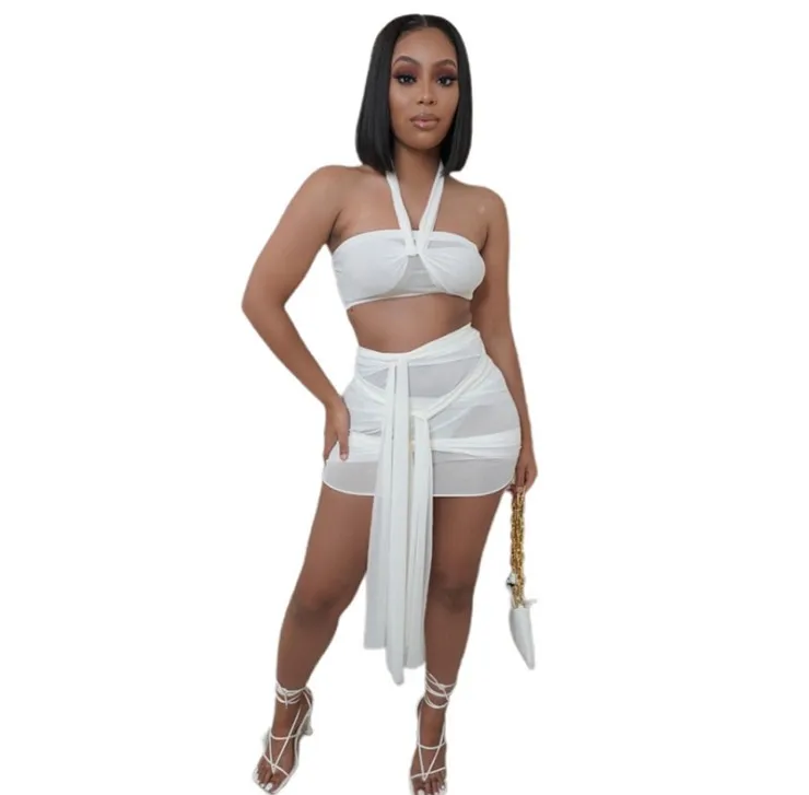 

European and American summer women's new fashion hanging neck open back mesh stitching lace up perspective sexy skirt set