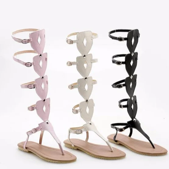 

Wholesale women's summer flat shoes latest ladies roman flat gladiator sandals women knee high, Black white pink