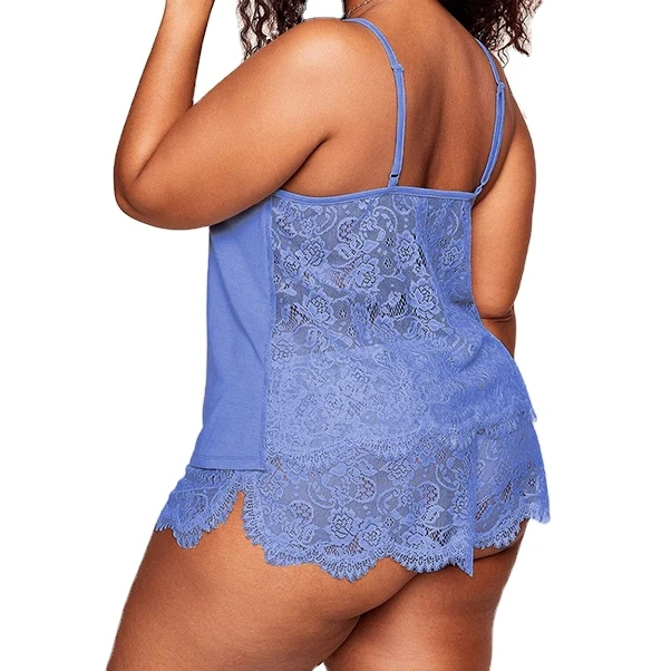 

Women Valentine Sweet Lace Lingerie Trim Plus Size Chemise Lingerie Two Pieces Set