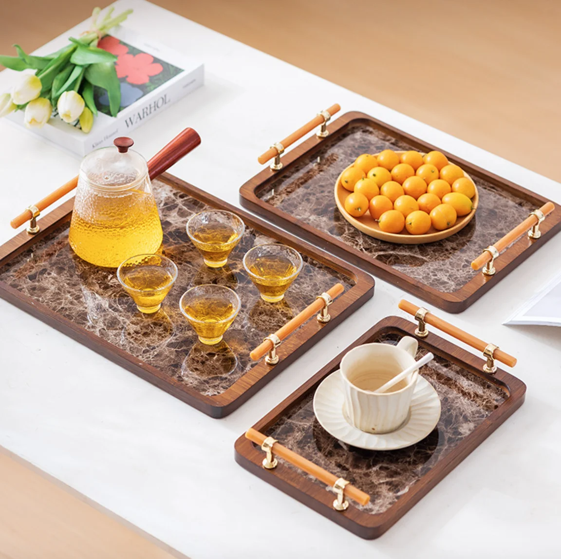 New Wood Stone Plastic Base Color Enamel Tea Tray Wholesale Home Living Room Kitchen Light Luxury Style Tea Set Handle