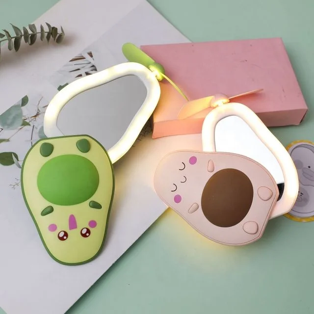 

2021 New espejos maquillaje LED Lighted Makeup Mirror Avocado Mini Fan with Makeup Mirror, Pink, yellow, green