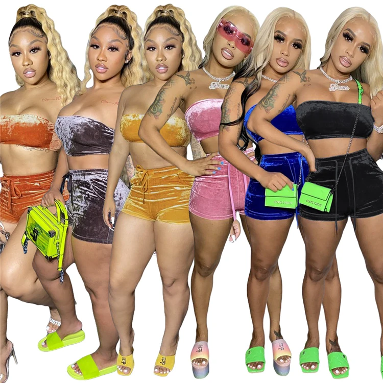 

Luxury Sleeveless Solid Color Strapless Tube Top And Shorts Set With Pocket Summer Outfits Women Velvet Two Piece Short Set, As show