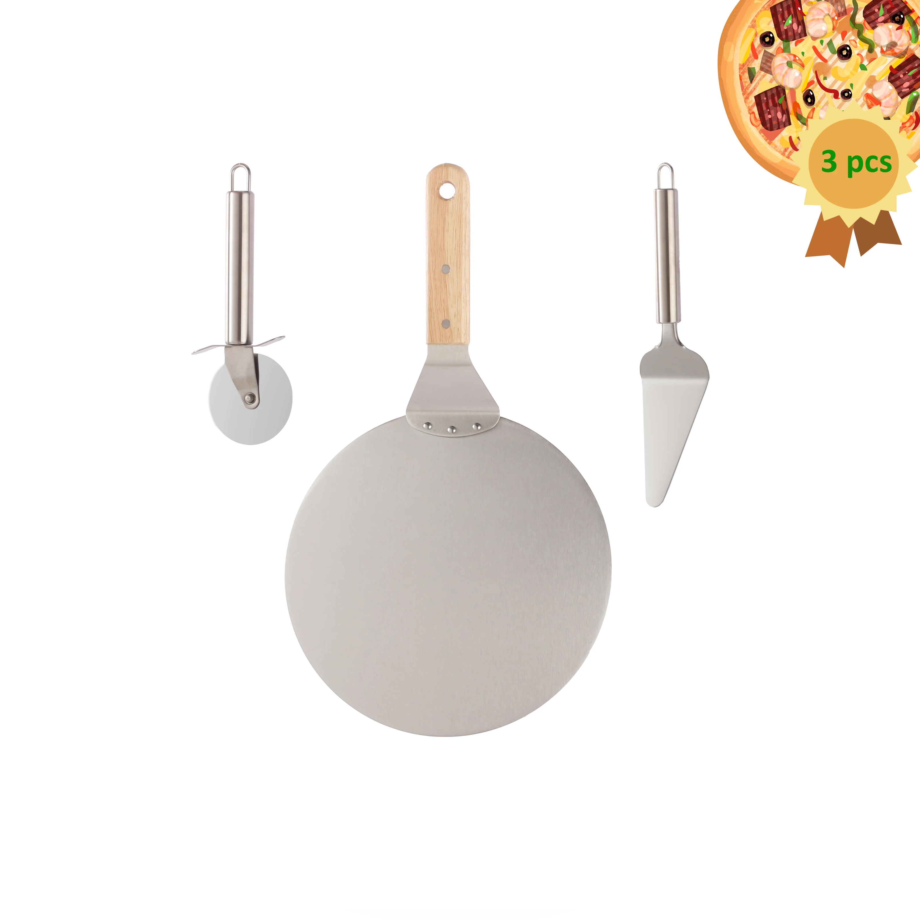 

Kitchen Accessories Baking tools 3 Pieces Stainless Steel Turner Cutter Shovel Steel Cutter Wheel Pizza Scoop, Silver
