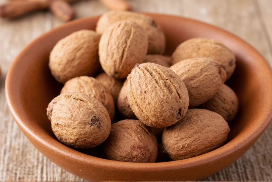 Whole nutmeg seeds next to grater and small bowl of freshly grated nutmeg