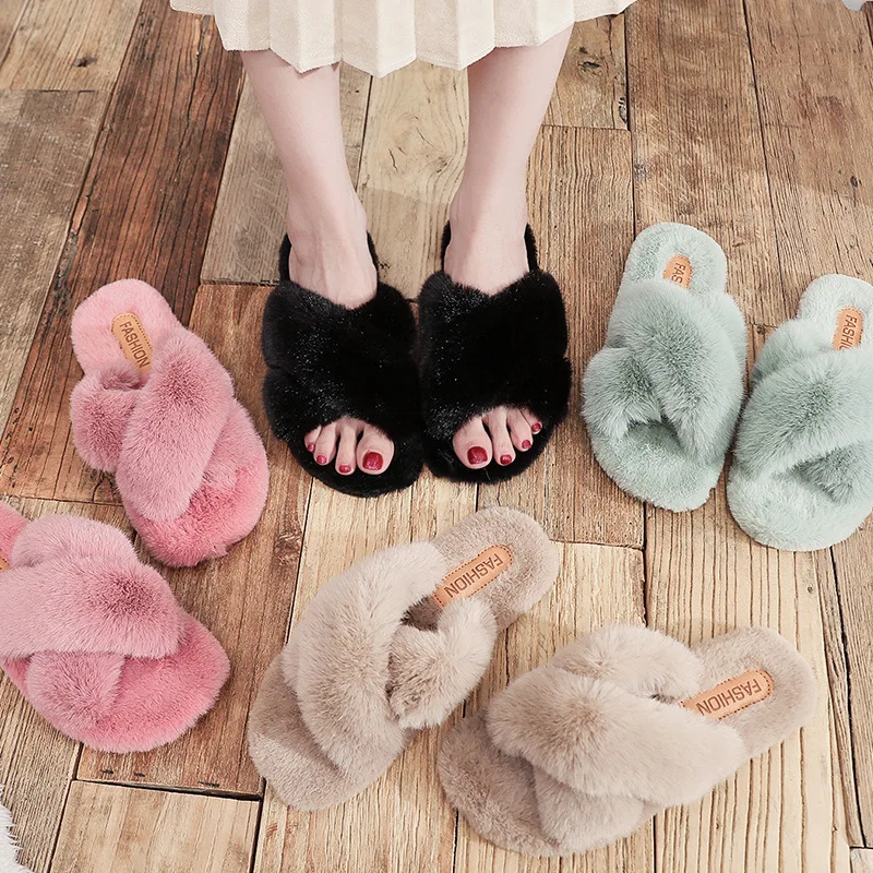 

New Fashion Cross with Open Toe Hairy Ladies Slippers PVC Fur Eva Slipper Sheet Ss TPR for Women's Outer Wear, Autumn and Winter, 4 colors