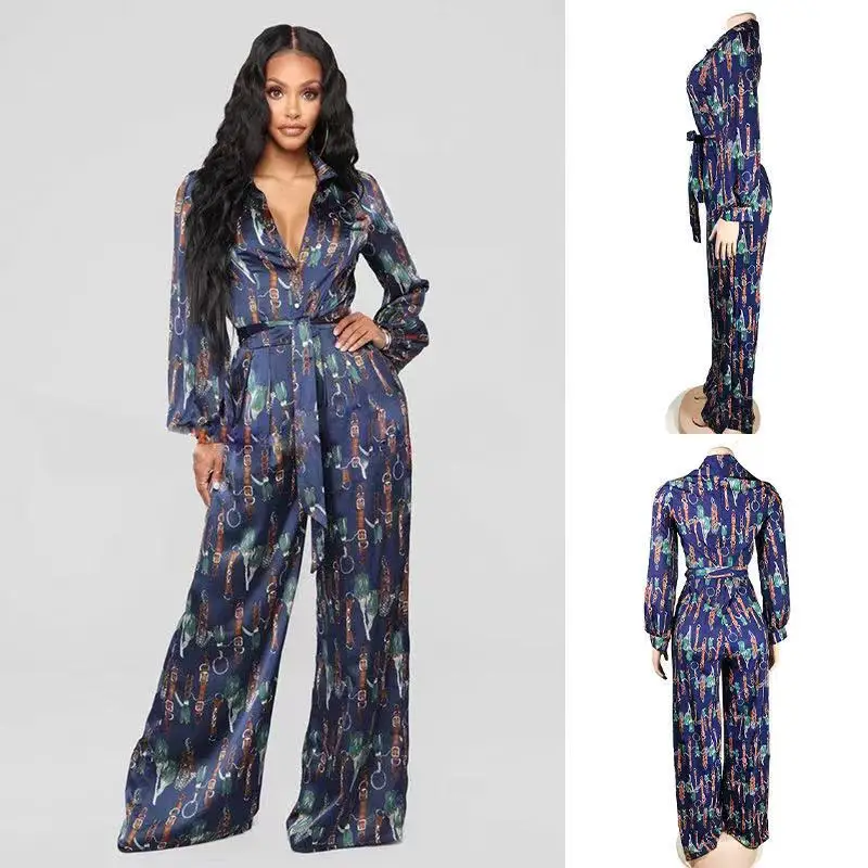 

J&H fashion 2022 new arrivals jumpsuits pants set classy print design wide leg pants silk robe Italian fabric with collar, 1 colors as picture