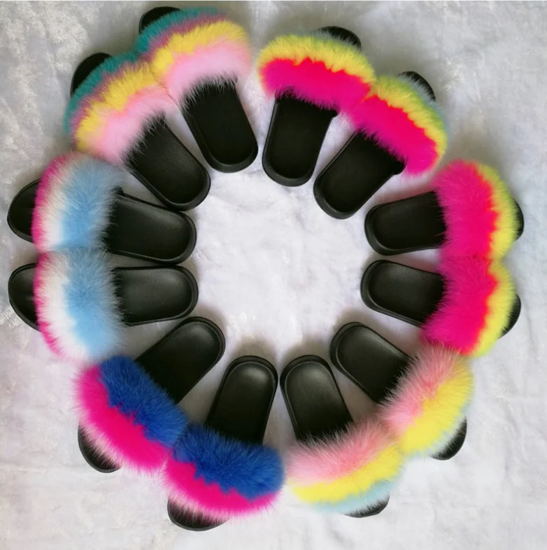 

Latest Fashion Design Ladies Rainbow Faux Fur Slippers For Women
