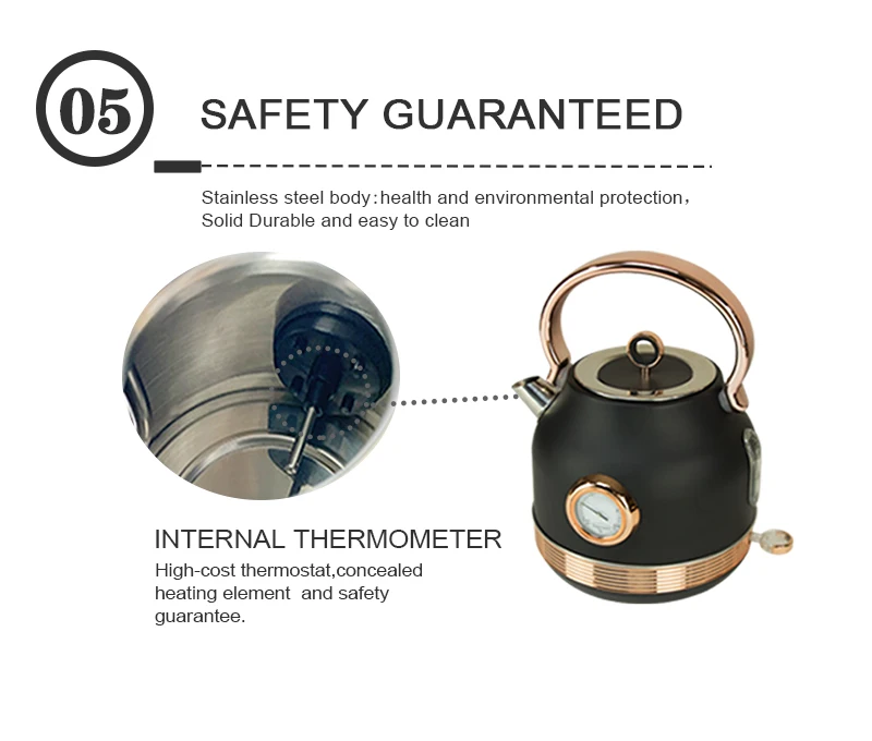 2020 New design retro rose gold and black color big capacity 1.7L electric water kettle home appliances with thermometer kettle