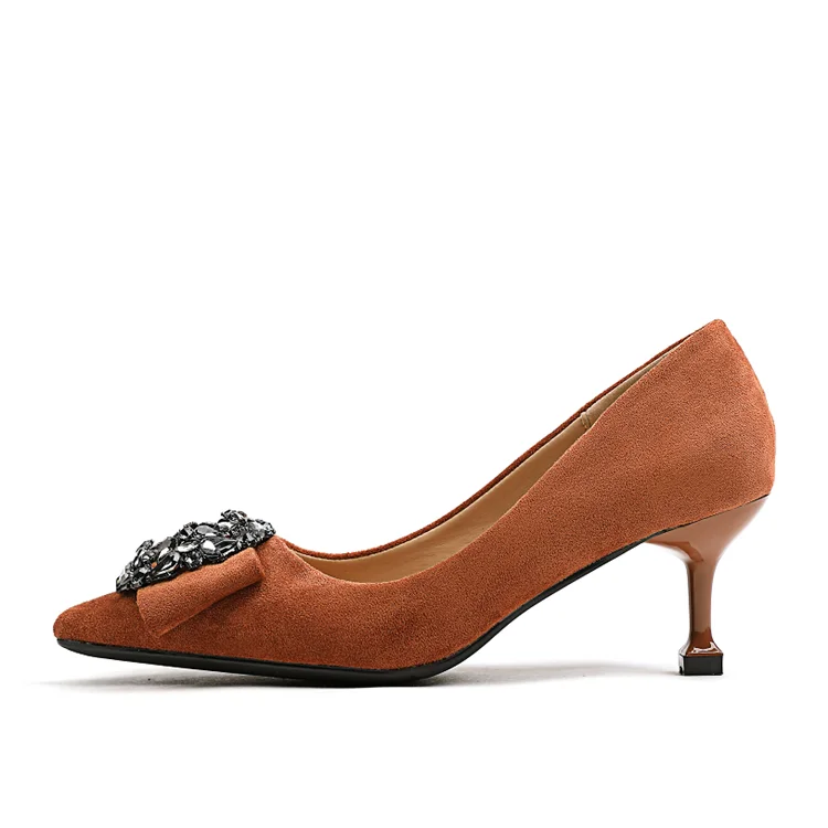

Fashion pointed toe thin heel high quality suede round water drill shoes women heels, Black brown