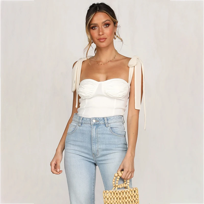 

Latest design elegant party clothing mini white sling top women bodycon camisole sexy bow strap ruched ladies vest for date, Customized