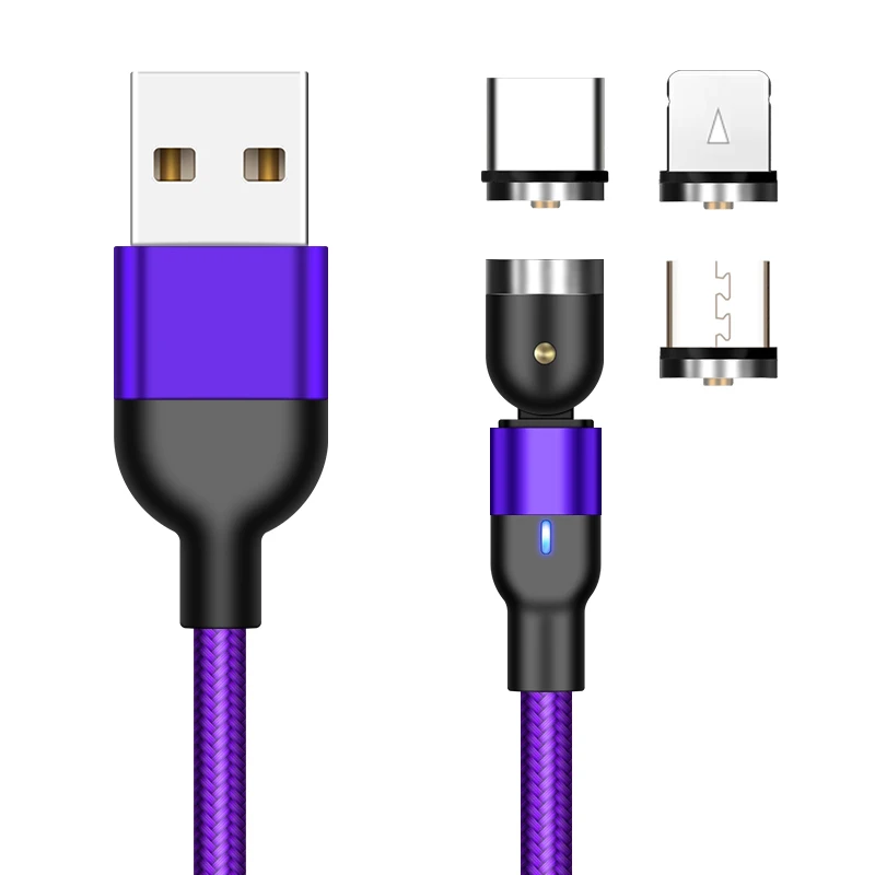 

540 Degree Free Rotation 3 in 1 Phone Charger Magnetic Micro Usb-c absorption Cable For iPhone, Red,black,purple